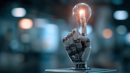 A robotic hand holding a glowing lightbulb, suggesting innovation and creative ideas