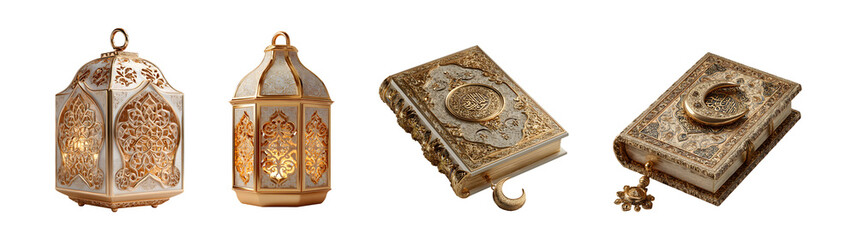Set of white and gold arabic lanterns and ornate quran books with intricate designs for islamic holidays on transparent background