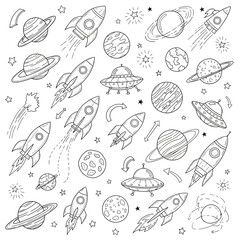Collection of Hand Drawn Space Objects and Rockets.
