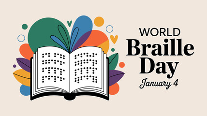 World braille day january 4 celebration graphic featuring an open book with braille text surrounded by colorful abstract shapes and foliage illustration