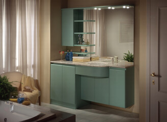 Single shot photo of a room with bathroom furniture