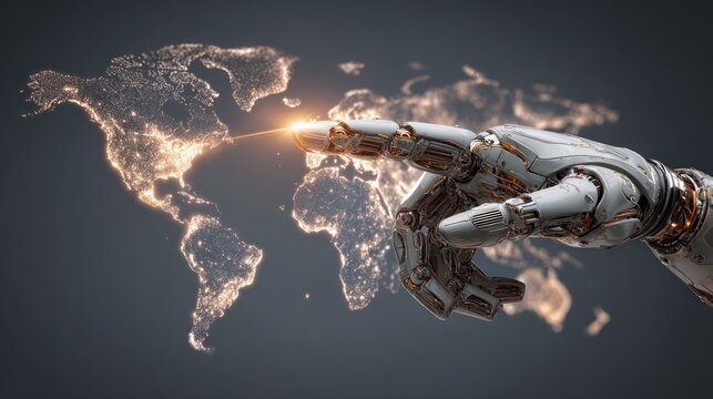 A robotic hand touches a map of the world, illuminated with city lights on a dark background