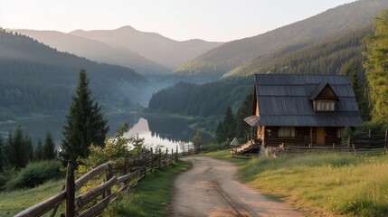Fototapeta premium Scenic view of a cabin by the lake in the mountains during early morning light