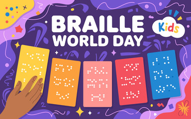 Colorful illustration celebrating braille world day with raised dot text on cards and a hand touching one, promoting literacy for visually impaired children