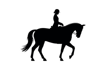 Silhouette of a woman riding a horse in a dressage position on a white background