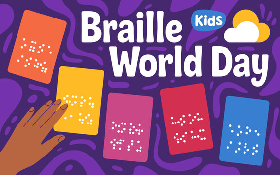 Colorful illustration celebrating braille world day with raised dot text cards and a hand touching one card against a purple background