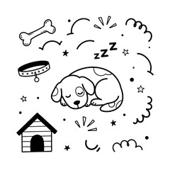 Cute sleeping puppy dog with collar and bone illustration.