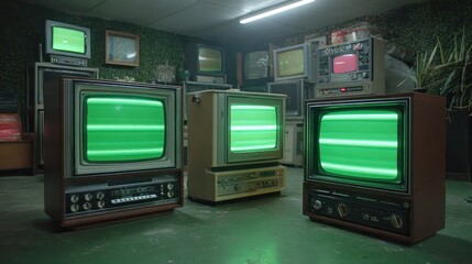 A room filled with vintage, boxy television sets, many with green horizontal lines across screens