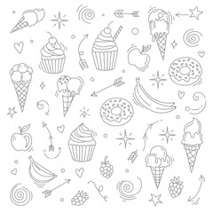 Delicious desserts and fruits doodle art, perfect for sweet treats.