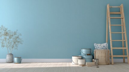A room refresh featuring paint cans, a ladder, and decorative items