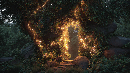 A glowing portal illuminated by fairy lights nestled within an ancient tree, inviting curiosity and wonder.