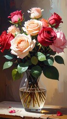Vibrant Bouquet of Mixed Roses in a Clear Glass Vase on a Table.