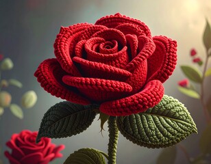 Close-up of a meticulously crafted red crochet rose with intricate petal details