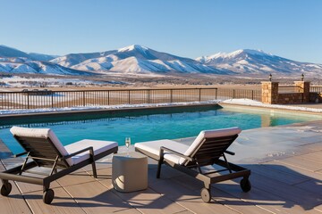 Elegant terrace with scenic snowy peaks and tranquil water