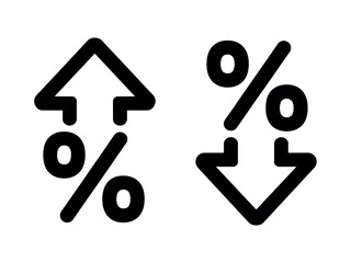 Arrows with percentage symbols indicate financial growth and decline, illustrating market fluctuations and economic trends.