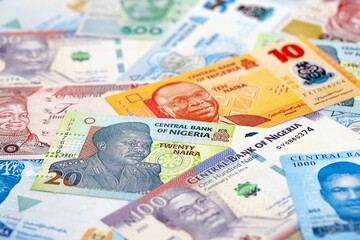 Nigerian naira currency money. The current banknotes lies on table in big amount close up