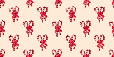 Christmas seamless pattern decorated with cute candy canes watercolor hand drawn red bows. Festive background for winter holidays for wrapping paper or fabric event Illustration.