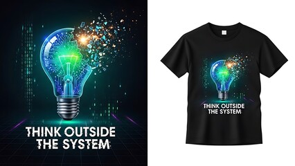Think outside the system futuristic t shirt design with glowing digital light bulb explosion concept.