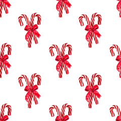 Christmas seamless pattern decorated with cute candy canes red bows. Festive background for winter holidays for wrapping paper or fabric watercolor vintage hand drawn on transparent background.