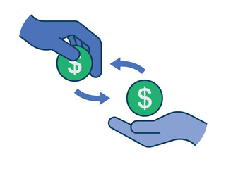 Two hands exchange dollar coins, symbolizing financial transactions and the flow of money.