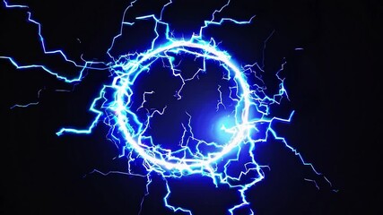 Vibrant blue lightning bolts creating a swirling circular pattern against a black backdrop, symbolizing a potent energy gateway or a high voltage occurrence with shimmering sparks