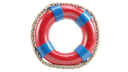 Red and blue lifebuoy featuring sturdy floating ring structure and bright marine safety details for water rescue isolated on white background.