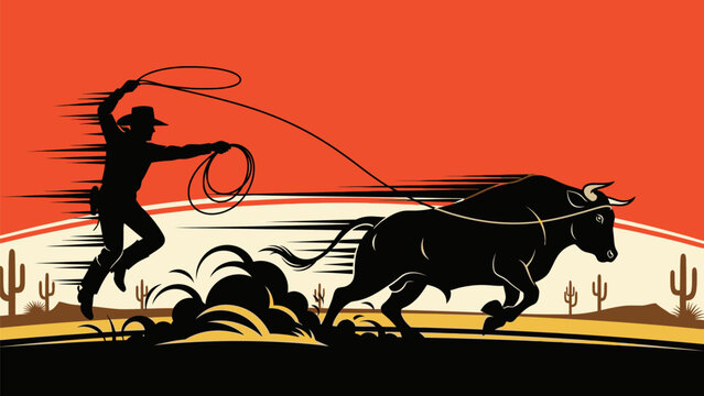 Silhouette of a cowboy attempting to lasso a running bull in a desert landscape under an orange sky