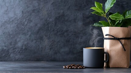 A steaming cup of coffee with coffee beans and a plant in a paper bag, set against a dark textured background.