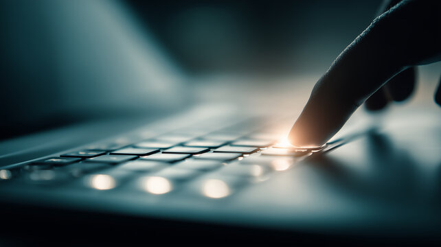 A single finger pressing a glowing keyboard key symbolizing decisive action, digital interaction and the initiation of important processes.
