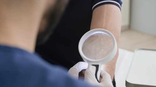 Over-the-shoulder closeup shot of unrecognizable male dermatologist in white latex gloves examining patients elbow through magnifying glass for skin problems during consultation in clinic