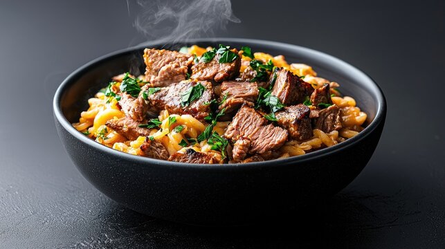 A close-up shot of a bowl filled with a delicious meal of beef and pasta, garnished with fresh herbs, and steam rising, set against a dark background. - Powered by Adobe
