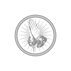 Praying Hands with Rosary and Cross Line Art Illustration