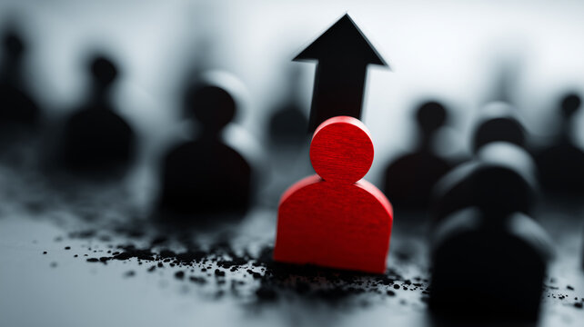 A standout red figure rising above others representing leadership, distinction and the conceptual emergence of individual potential in competitive environments.
