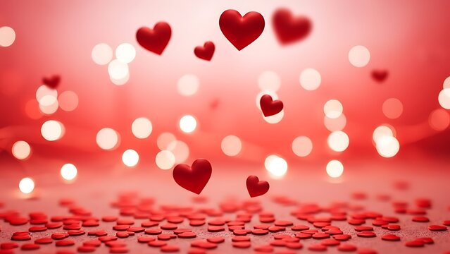 Red heart shape confetti falling on romantic bokeh background - Powered by Adobe