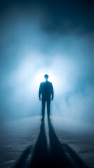 Obraz premium A mysterious silhouette of a man standing alone in the dark, backlit by a bright blue light through thick fog.