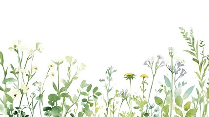 Delicate watercolor illustration depicts a border of assorted wild flora across the bottom edge