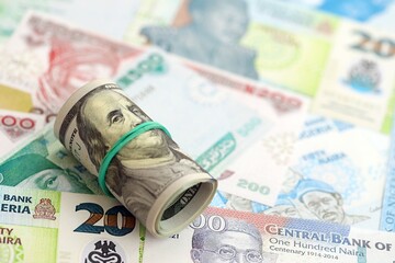 Nigerian naira currency money bills and bunch of us dollar banknotes close up. The concept of economics and currency exchange