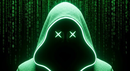 Anonymous hacker in a glowing green hoodie with x eyes against a digital matrix code background