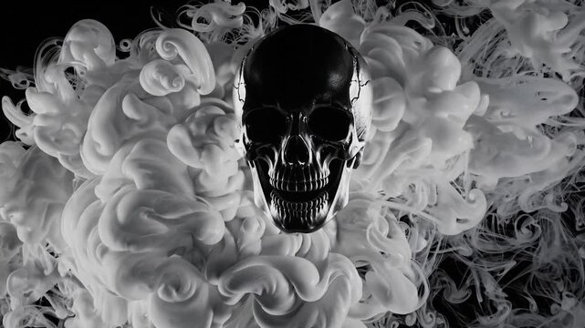 Black skull emerges from a whirlpool of white ink blending into water, set against a mysterious backdrop, evoking a haunting and eerie vibe perfect for halloween or gothic inspired designs