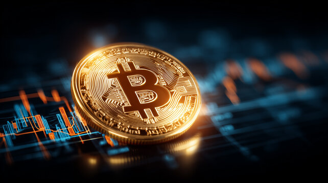 A detailed bitcoin coin standing on financial charts symbolizing digital currency value, economic innovation and market potential.

