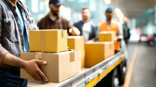 Delivery truck bed, multiple cardboard boxes, teamwork coordination moment, cargo management system, vehicle preparation stage, shipping operation flow, faceless industrial workers
