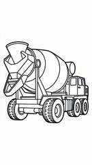 Children’s concrete mixer coloring page featuring a large cement truck with a rotating drum, cabin and big wheels. Thin black outline with simple contours and many interior mechanical details.