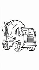 Children’s concrete mixer coloring page featuring a large cement truck with a rotating drum, cabin and big wheels. Thin black outline with simple contours and many interior mechanical details.
