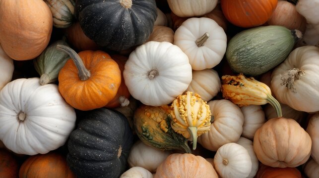 Colorful pumpkins and gourds gathered in a harvest display for autumn season celebration - Powered by Adobe