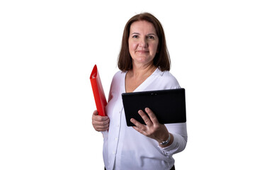 Businesswoman holding tablet and red folder smiling
