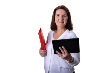 Businesswoman holding tablet and red folder smiling