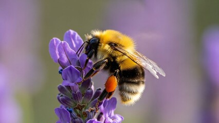 Macro Shot of Bumblebee on Lavender Flower Gathering Pollen in Summer Garden with Blurred Green Background Capturing Beauty of Nature in Vibrant Colors at Golden Hour Light - High quality