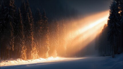 Fototapeta premium A winter forest scene with sunlight streaming through the trees, creating a dramatic and ethereal atmosphere.