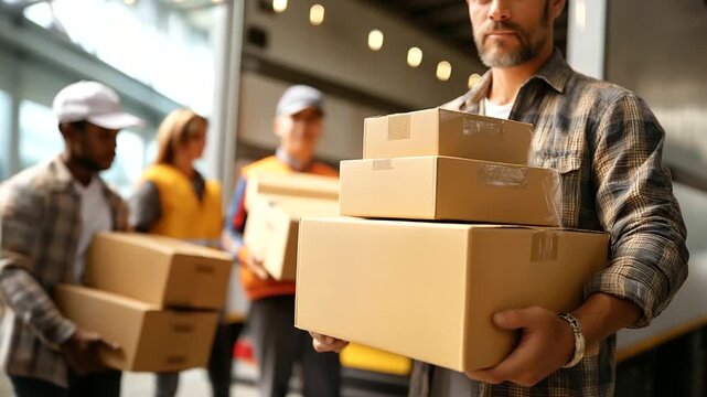 Commercial truck interior space, cardboard cargo loading, worker coordination activity, delivery preparation process, box stacking technique display, logistics efficiency focus, fa