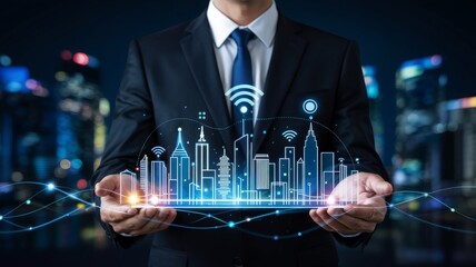 Businessman holding holographic smart city interface with wifi icons

